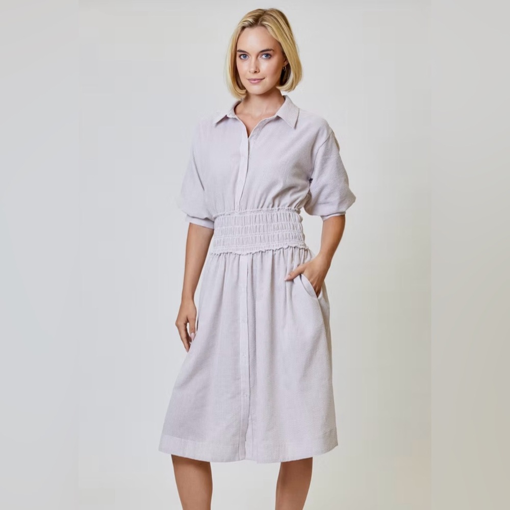 DESIGN HISTORY tan/white seersucker midi dress w/gathered waist (size L) NWT $99